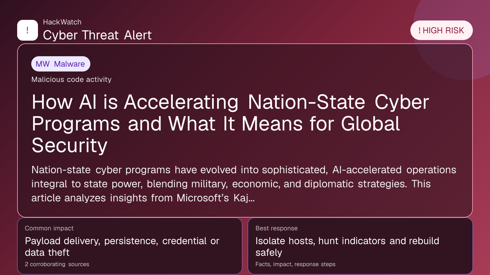 How AI is Accelerating Nation-State Cyber Programs and What It Means for Global Security - HackWatch malware alert image