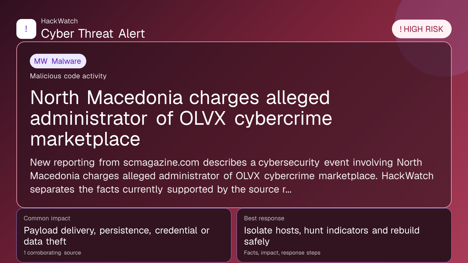 North Macedonia charges alleged administrator of OLVX cybercrime marketplace - HackWatch malware alert image