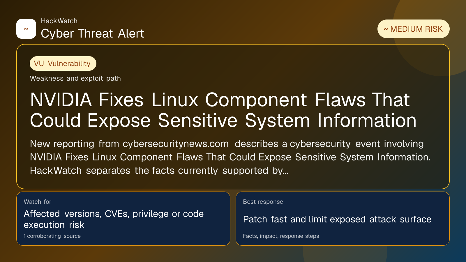 NVIDIA Fixes Linux Component Flaws That Could Expose Sensitive System Information - HackWatch vulnerability alert image