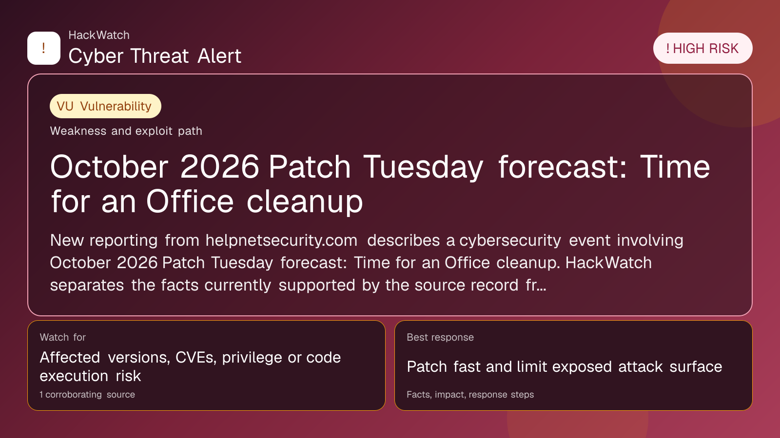 October 2026 Patch Tuesday forecast: Time for an Office cleanup - HackWatch vulnerability alert image