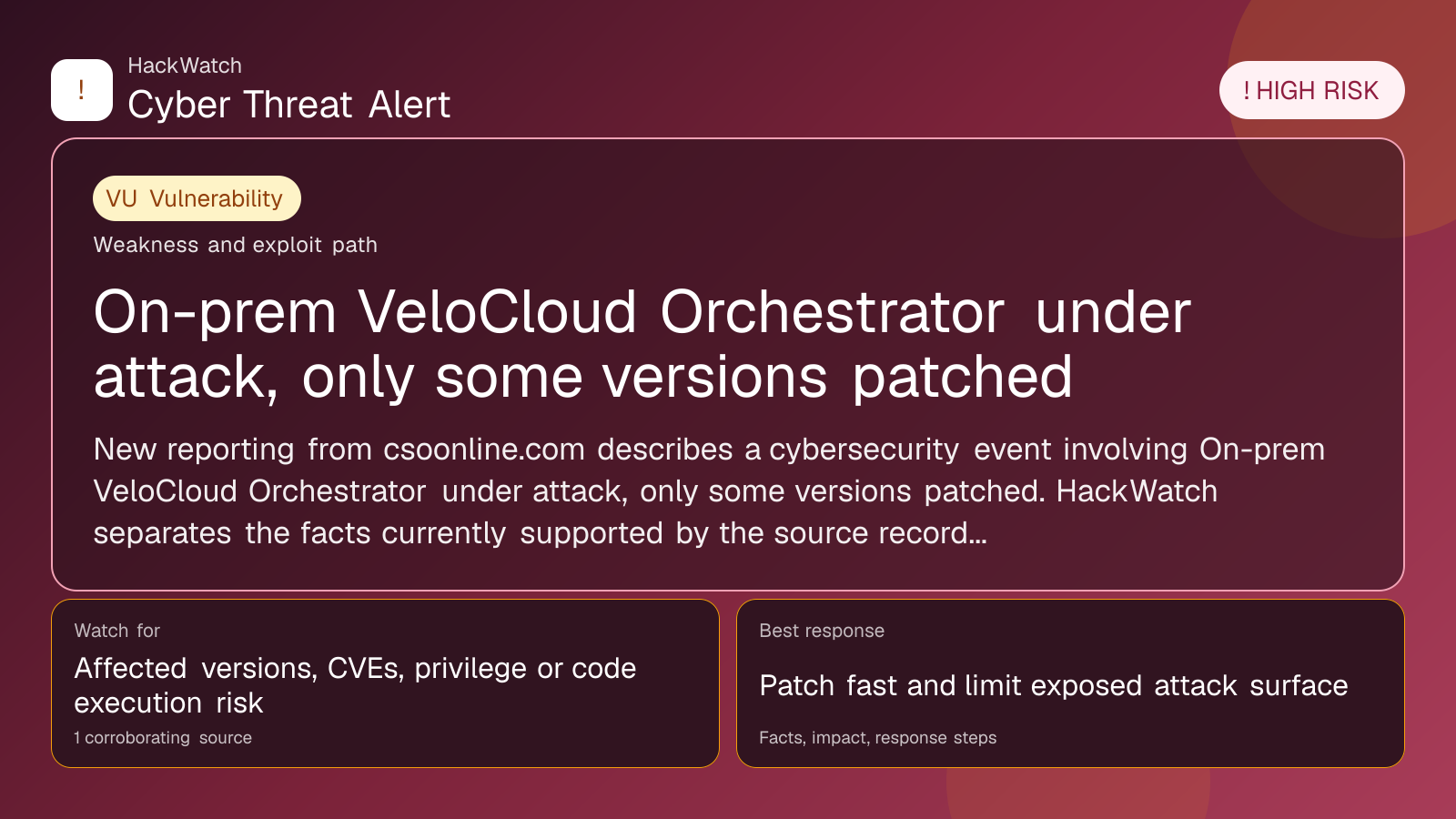 On-prem VeloCloud Orchestrator under attack, only some versions patched - HackWatch vulnerability alert image