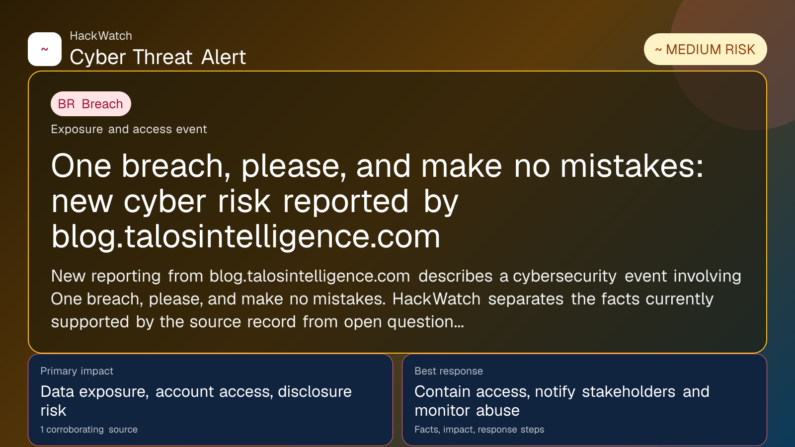 One breach, please, and make no mistakes: new cyber risk reported by blog.talosintelligence.com - HackWatch breach alert image