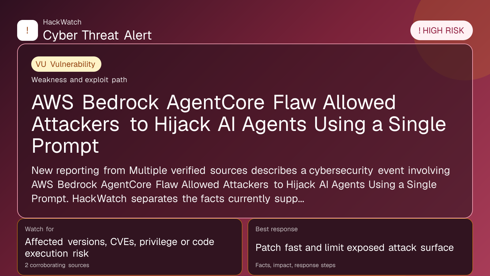 AWS Bedrock AgentCore Flaw Allowed Attackers to Hijack AI Agents Using a Single Prompt - HackWatch vulnerability alert image