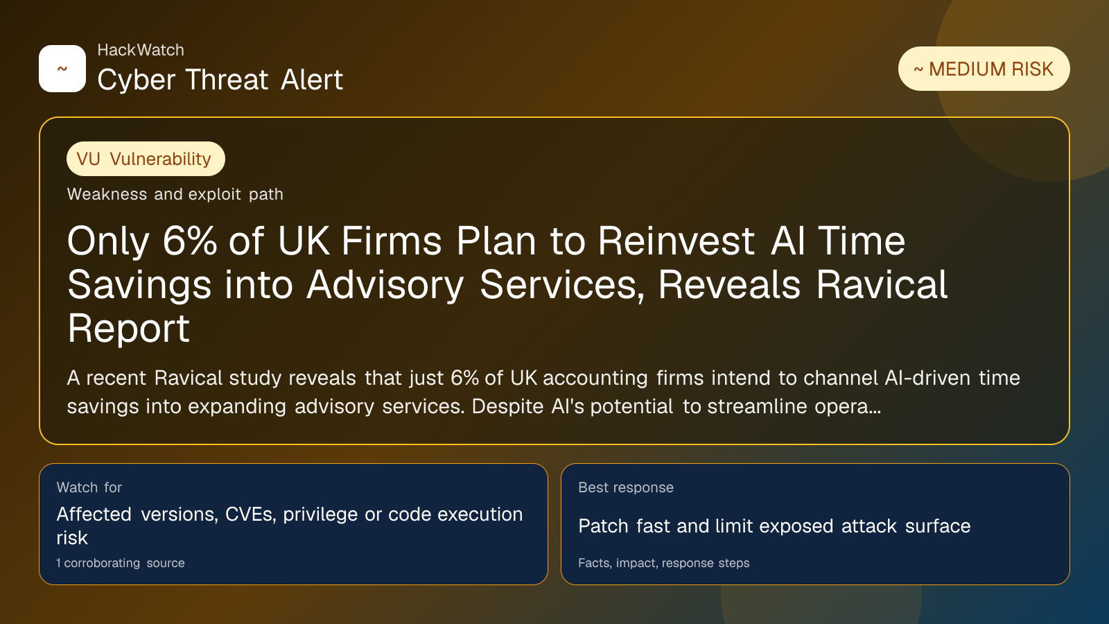 Only 6% of UK Firms Plan to Reinvest AI Time Savings into Advisory Services, Reveals Ravical Report - HackWatch vulnerability alert image