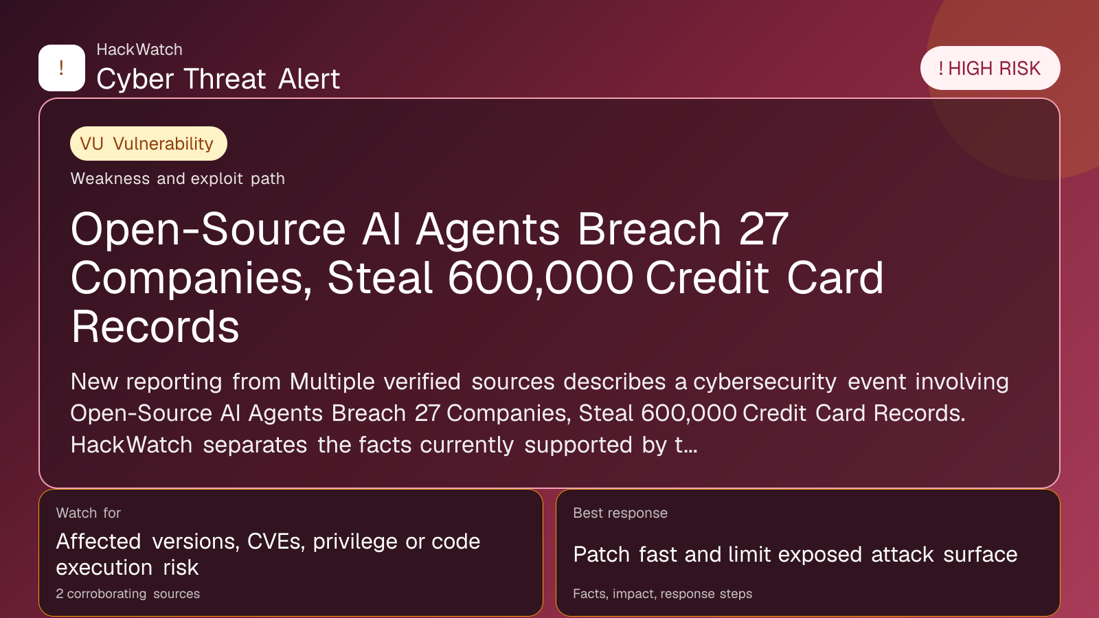 Open-Source AI Agents Breach 27 Companies, Steal 600,000 Credit Card Records - HackWatch vulnerability alert image