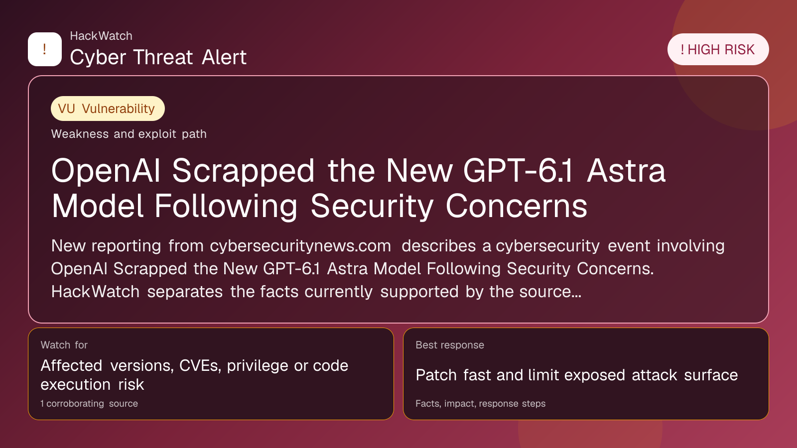 OpenAI Scrapped the New GPT-6.1 Astra Model Following Security Concerns - HackWatch vulnerability alert image