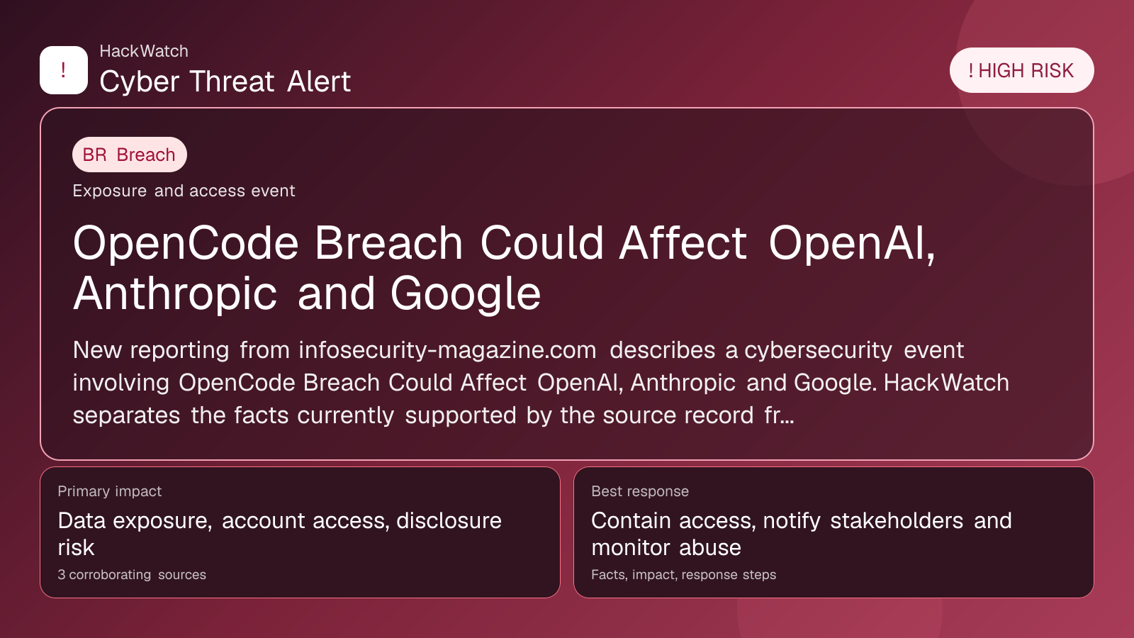 OpenCode Breach Could Affect OpenAI, Anthropic and Google - HackWatch breach alert image