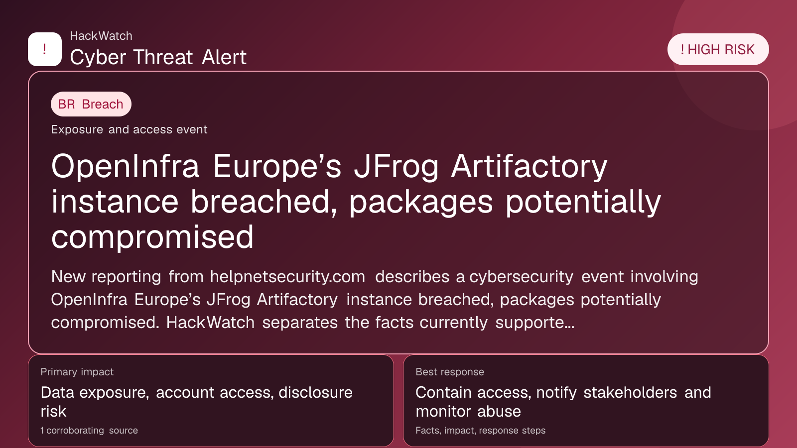 OpenInfra Europe’s JFrog Artifactory instance breached, packages potentially compromised - HackWatch breach alert image