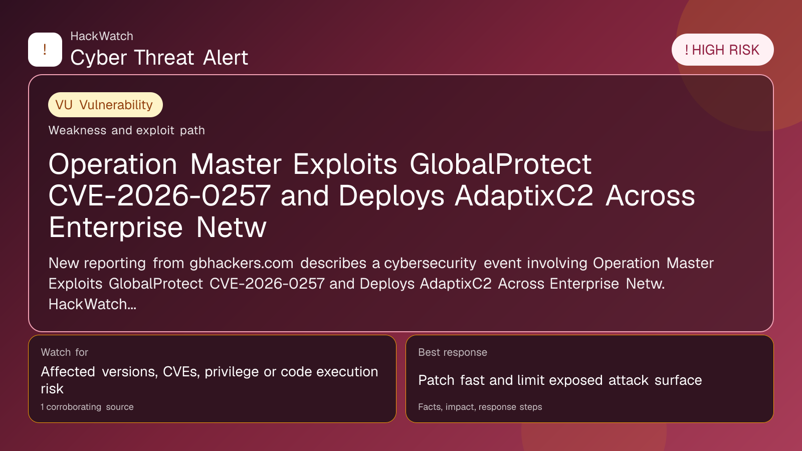 Operation Master Exploits GlobalProtect CVE-2026-0257 and Deploys AdaptixC2 Across Enterprise Netw - HackWatch vulnerability alert image