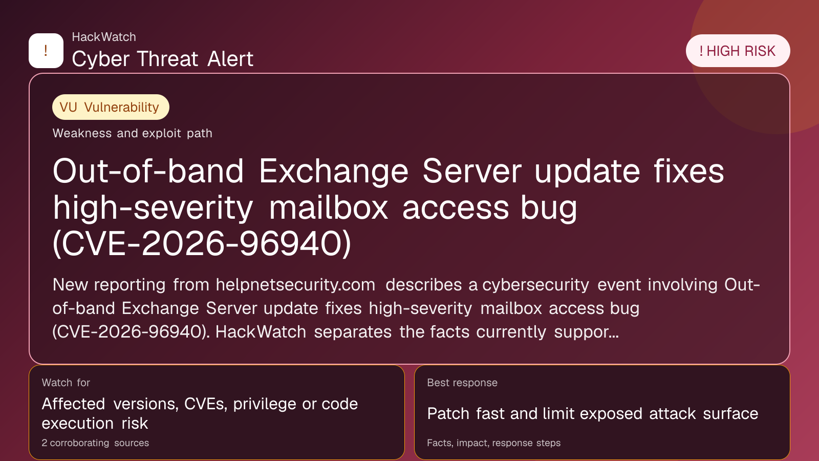 Out-of-band Exchange Server update fixes high-severity mailbox access bug (CVE-2026-96940) - HackWatch vulnerability alert image