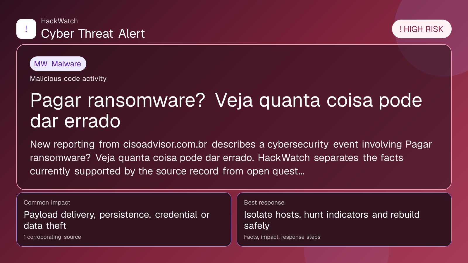 Pagar ransomware? Veja quanta coisa pode dar errado - HackWatch malware alert image