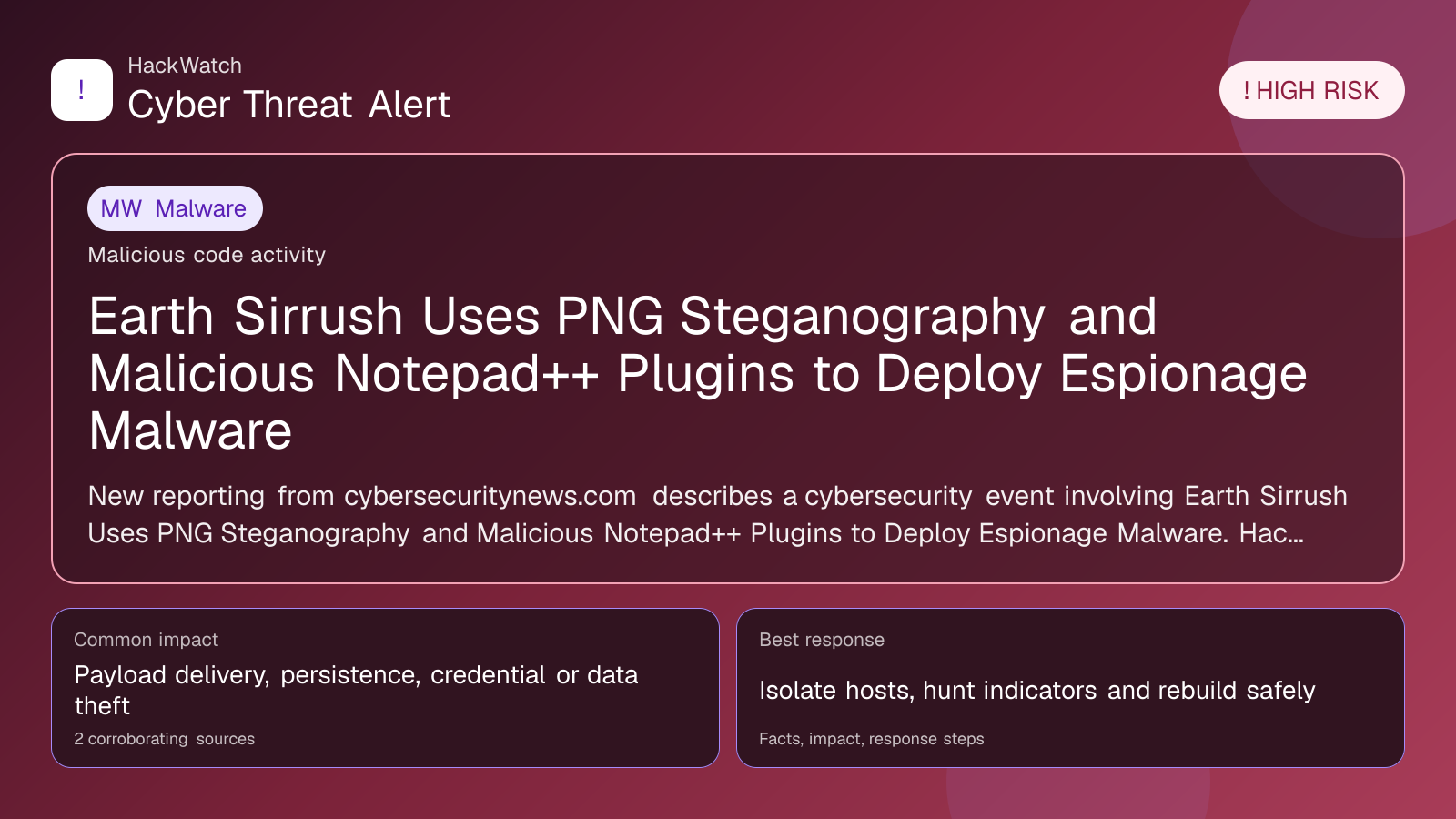 Earth Sirrush Uses PNG Steganography and Malicious Notepad++ Plugins to Deploy Espionage Malware - HackWatch malware alert image