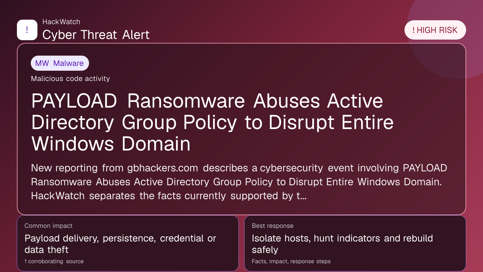 PAYLOAD Ransomware Abuses Active Directory Group Policy to Disrupt Entire Windows Domain - HackWatch malware alert image