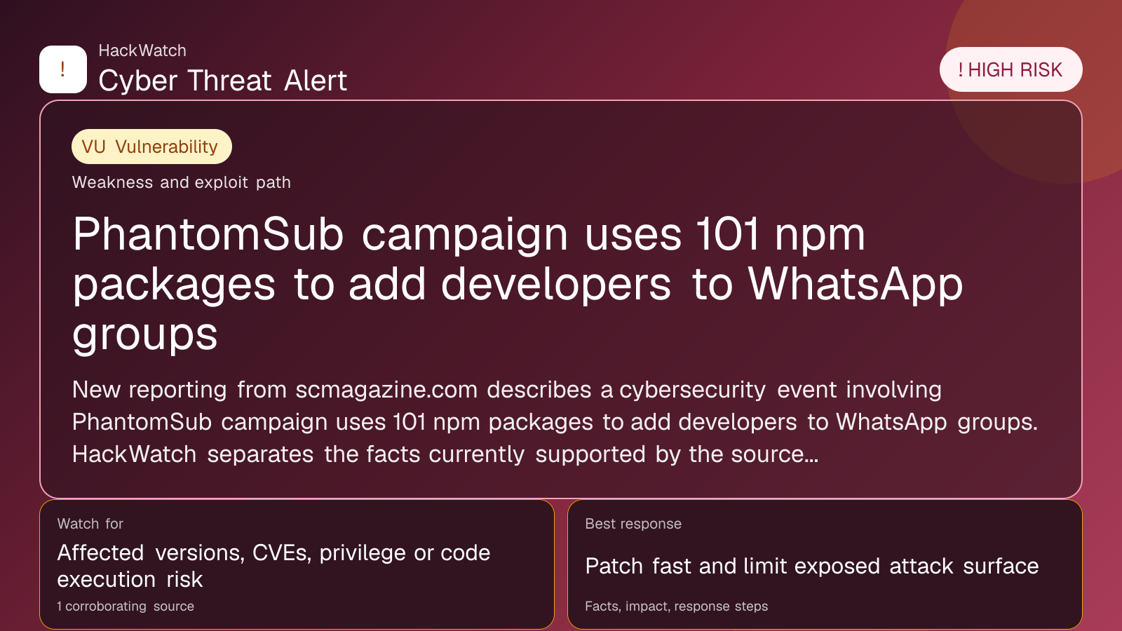PhantomSub campaign uses 101 npm packages to add developers to WhatsApp groups - HackWatch vulnerability alert image