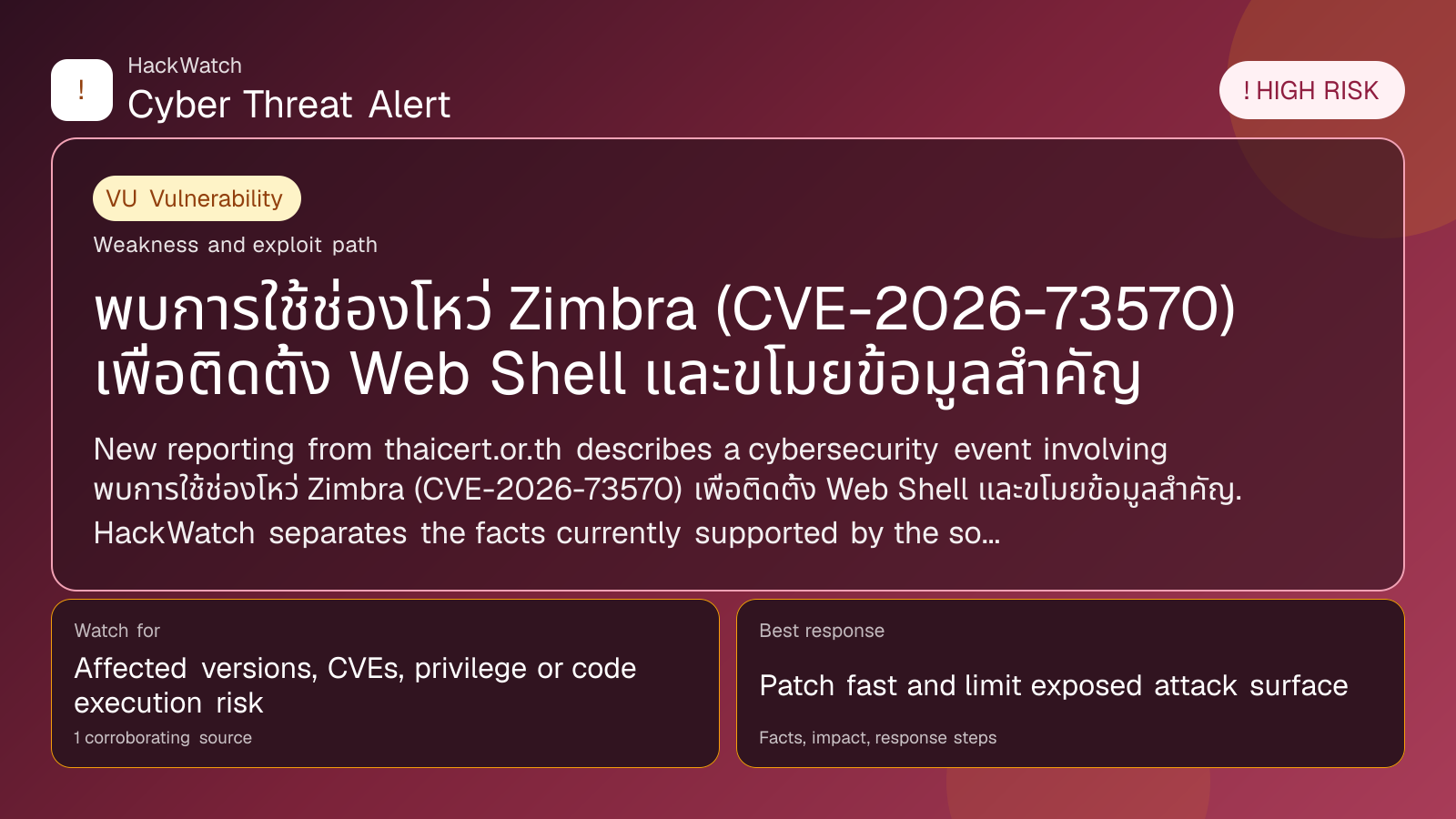 พบการใช้ช่องโหว่ Zimbra (CVE-2026-73570) เพื่อติดตั้ง Web Shell และขโมยข้อมูลสำคัญ - HackWatch vulnerability alert image