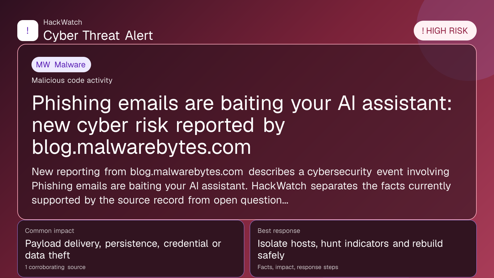 Phishing emails are baiting your AI assistant: new cyber risk reported by blog.malwarebytes.com - HackWatch malware alert image
