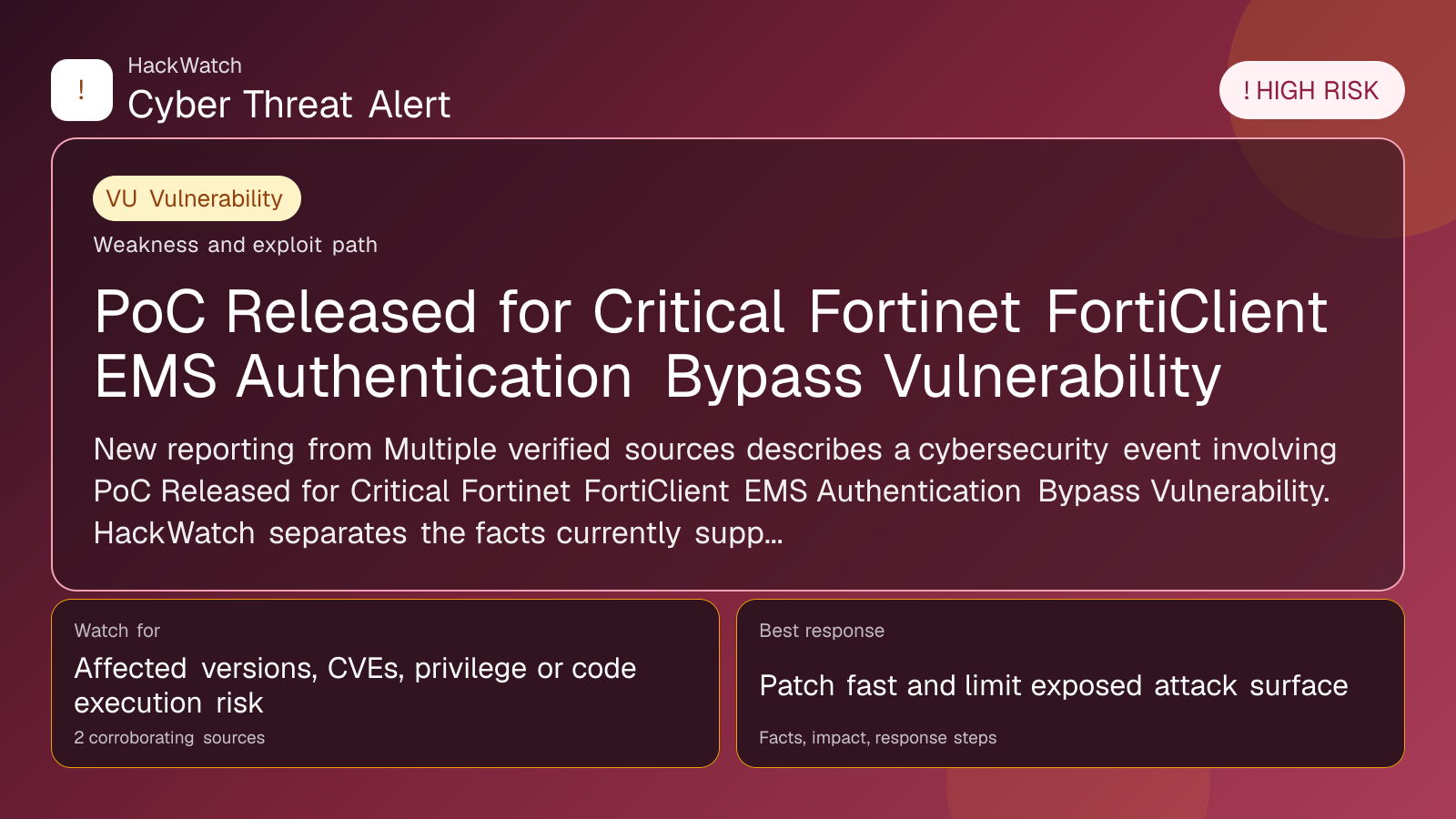 PoC Released for Critical Fortinet FortiClient EMS Authentication Bypass Vulnerability - HackWatch vulnerability alert image