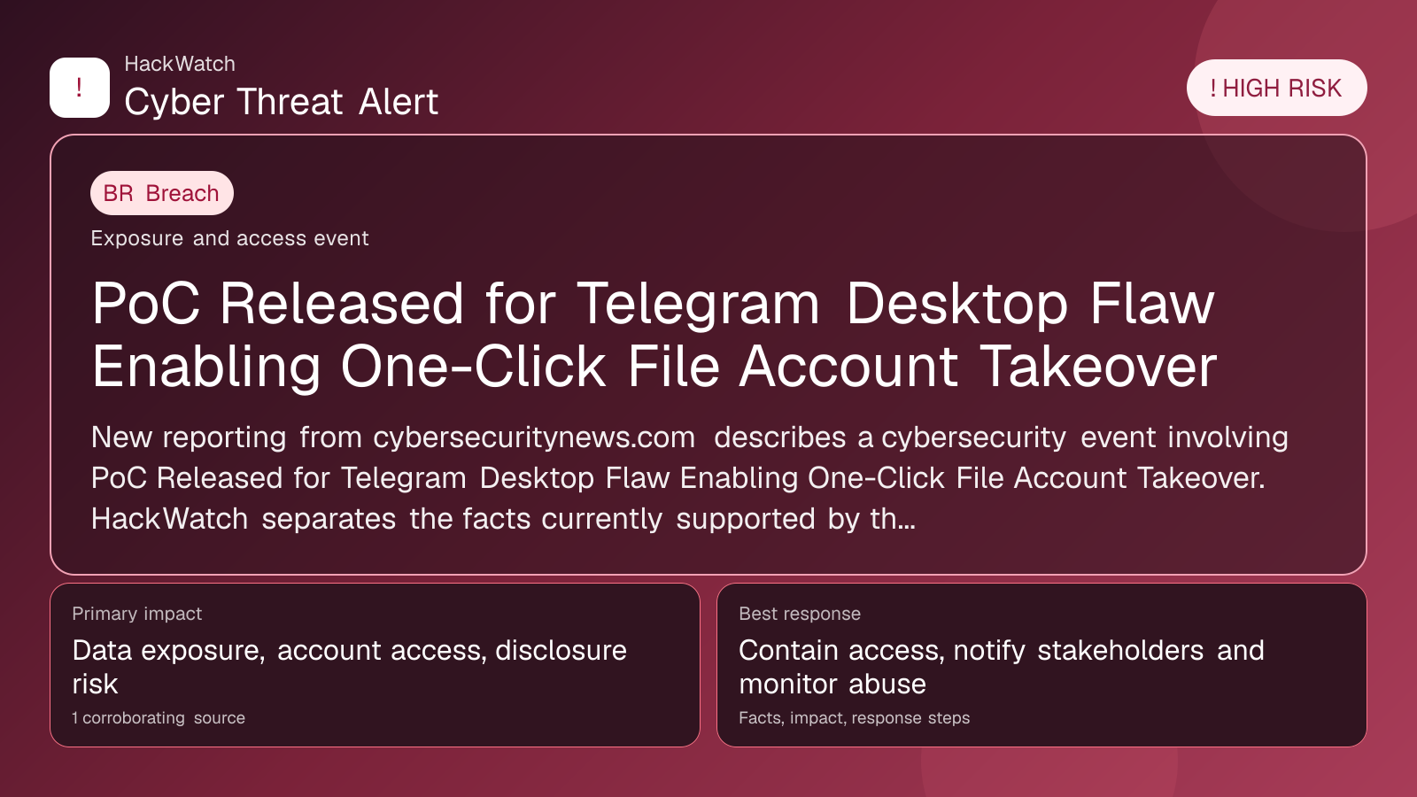PoC Released for Telegram Desktop Flaw Enabling One-Click File Account Takeover - HackWatch breach alert image