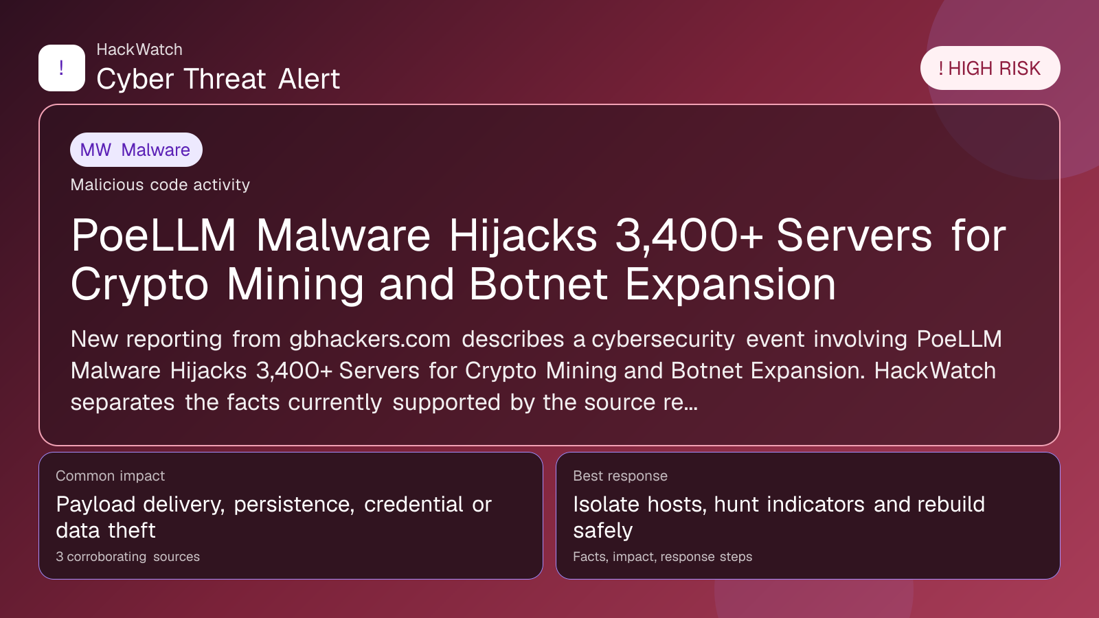 PoeLLM Malware Hijacks 3,400+ Servers for Crypto Mining and Botnet Expansion - HackWatch malware alert image