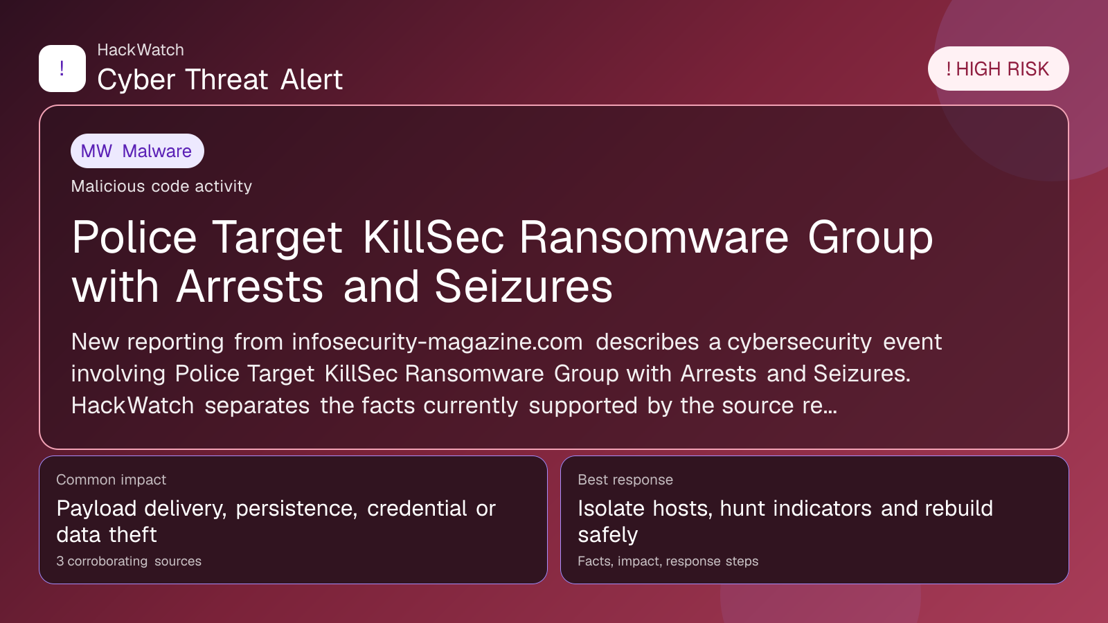 Police Target KillSec Ransomware Group with Arrests and Seizures - HackWatch malware alert image