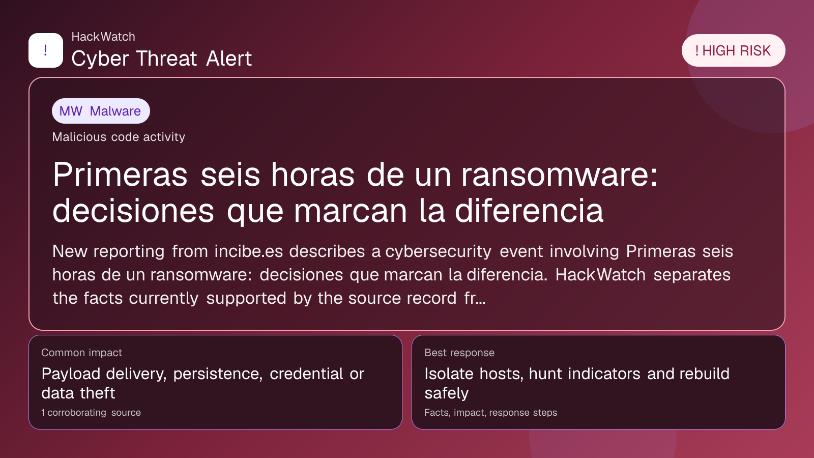 Primeras seis horas de un ransomware: decisiones que marcan la diferencia - HackWatch malware alert image