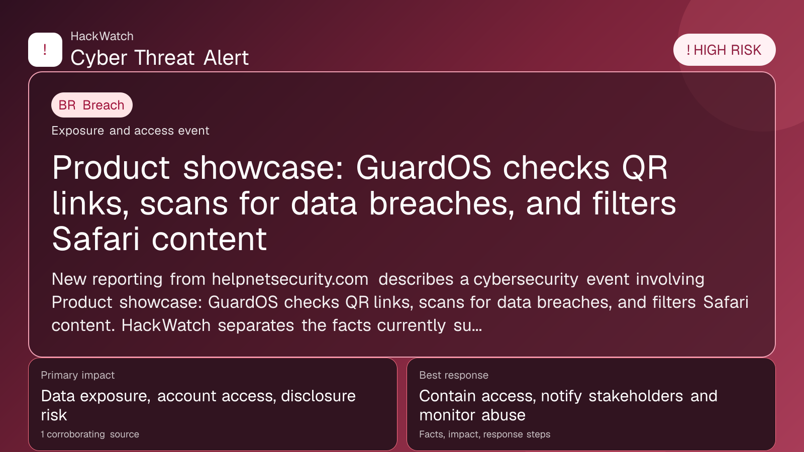 Product showcase: GuardOS checks QR links, scans for data breaches, and filters Safari content - HackWatch breach alert image