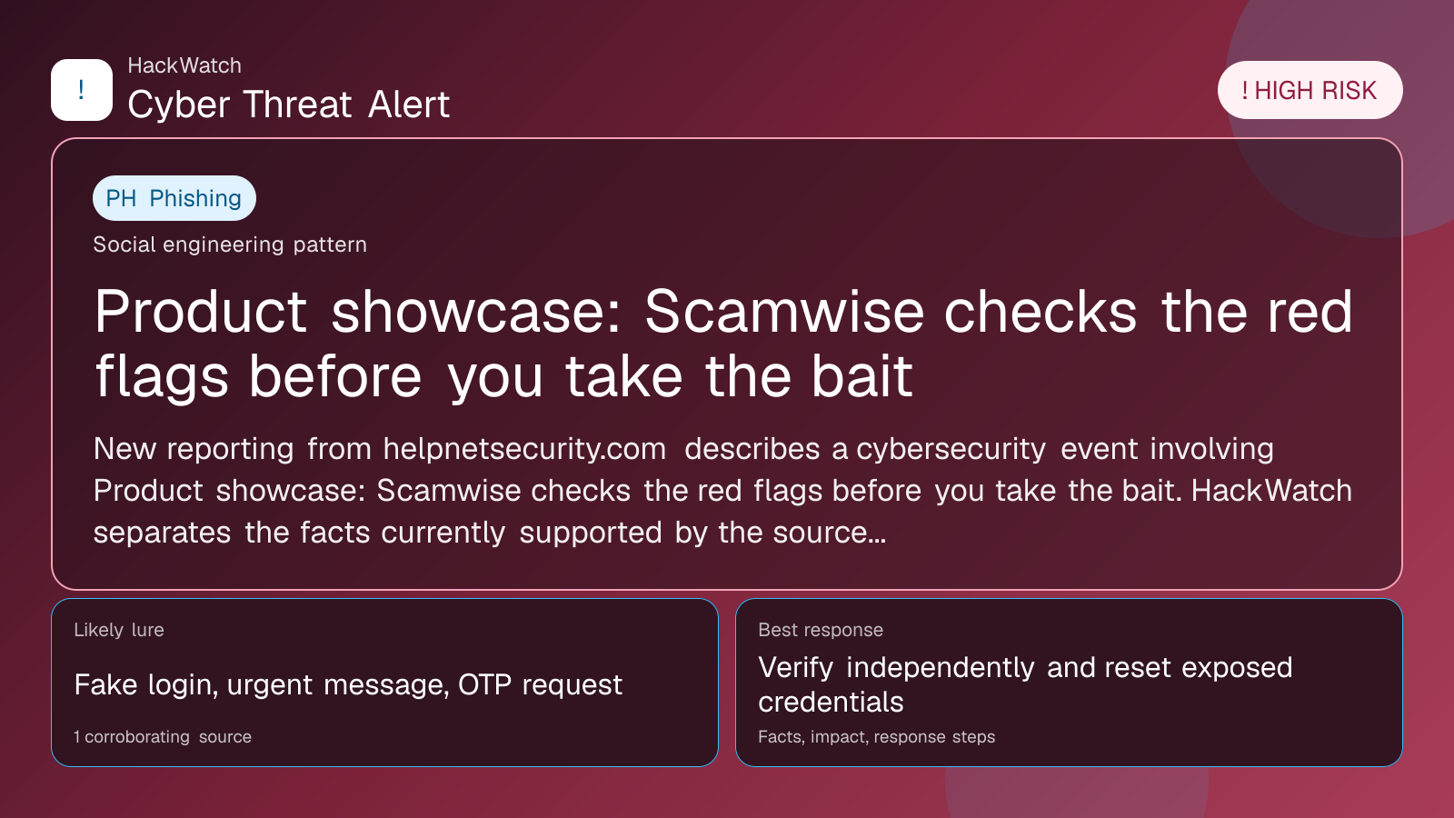 Product showcase: Scamwise checks the red flags before you take the bait - HackWatch phishing alert image