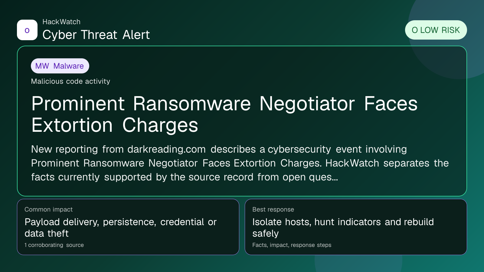 Prominent Ransomware Negotiator Faces Extortion Charges - HackWatch malware alert image