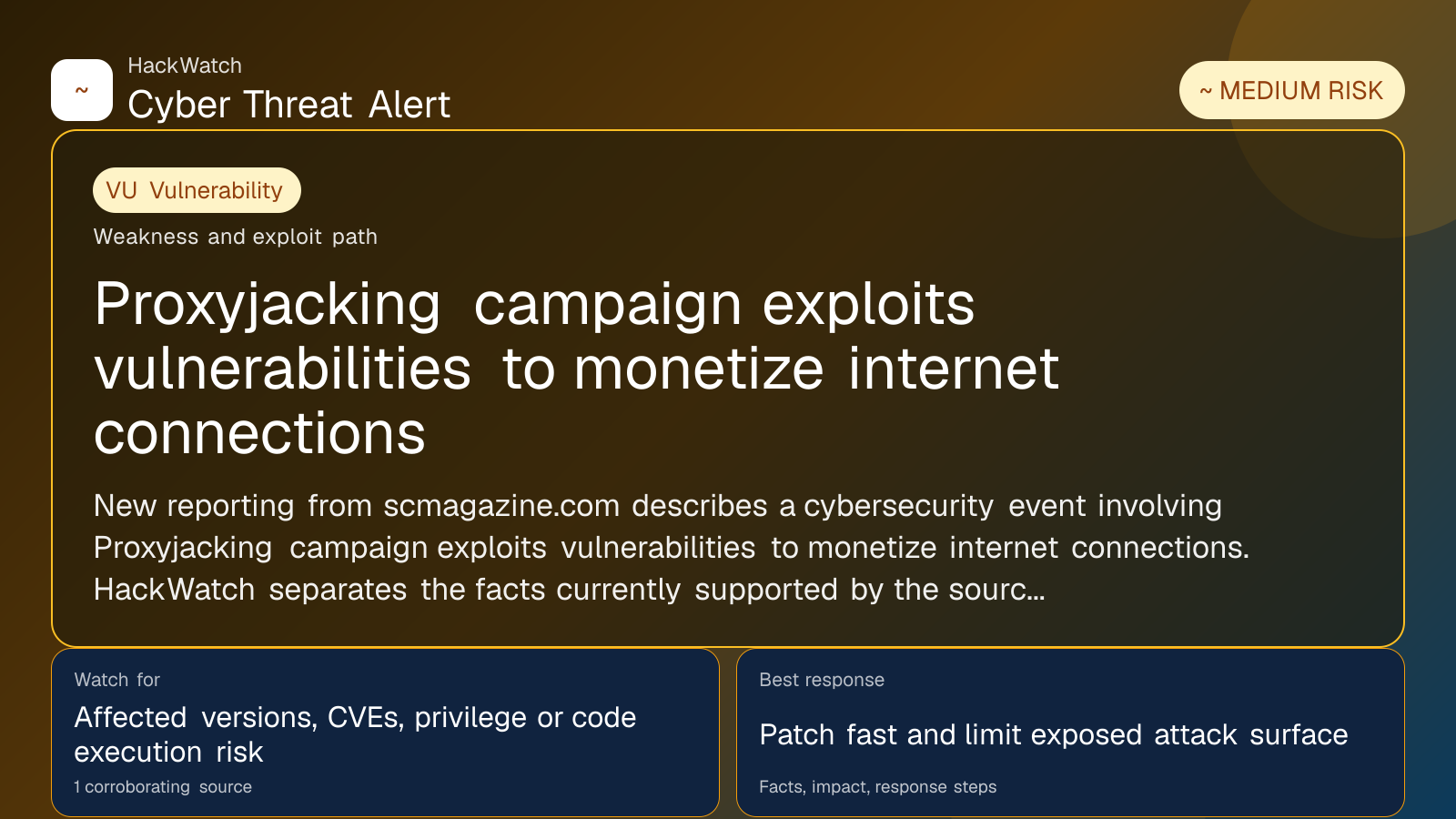 Proxyjacking campaign exploits vulnerabilities to monetize internet connections - HackWatch vulnerability alert image