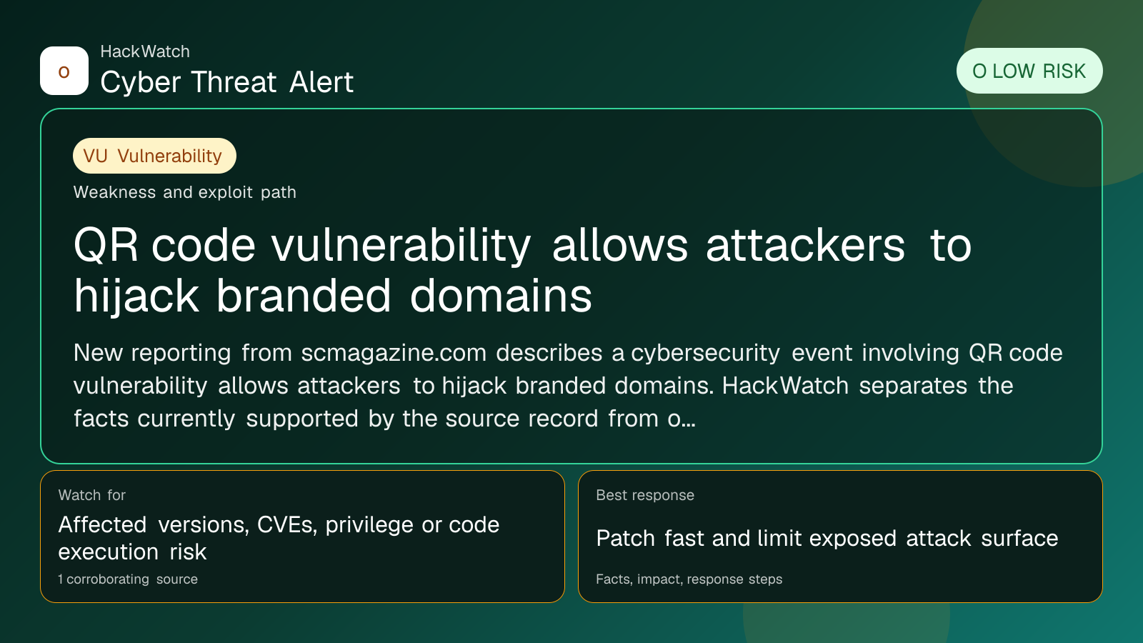 QR code vulnerability allows attackers to hijack branded domains - HackWatch vulnerability alert image