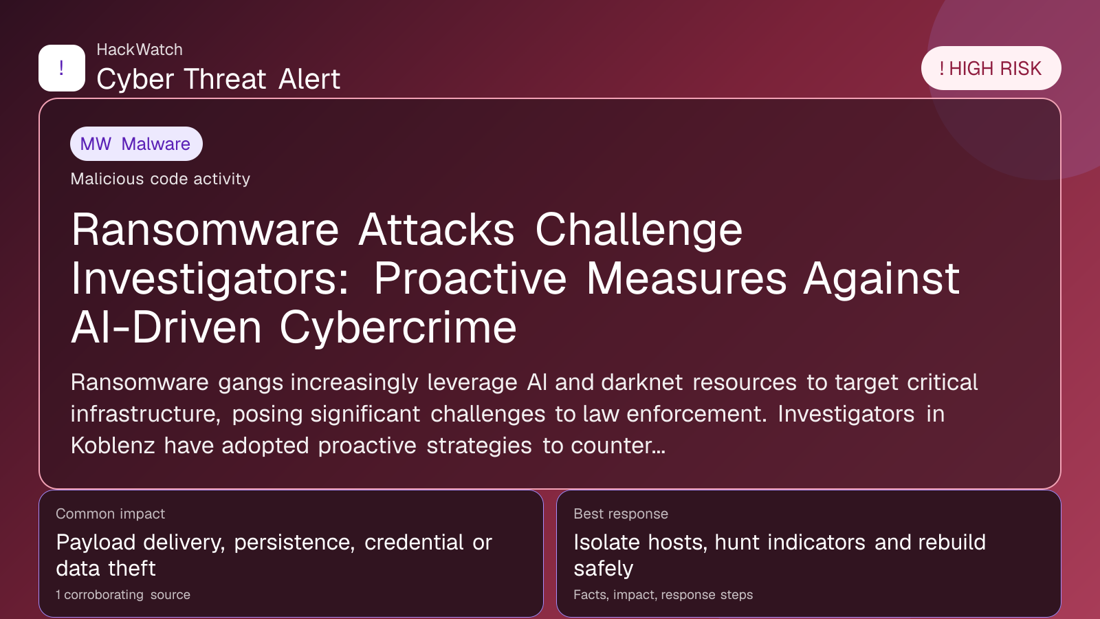 Ransomware Attacks Challenge Investigators: Proactive Measures Against AI-Driven Cybercrime - HackWatch malware alert image
