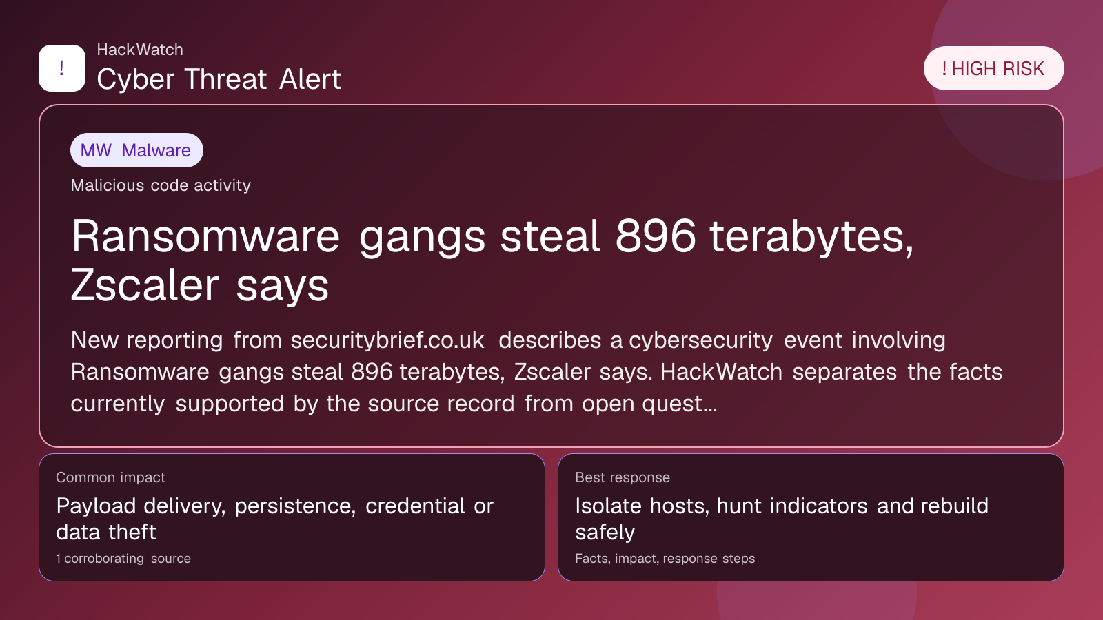 Ransomware gangs steal 896 terabytes, Zscaler says - HackWatch malware alert image