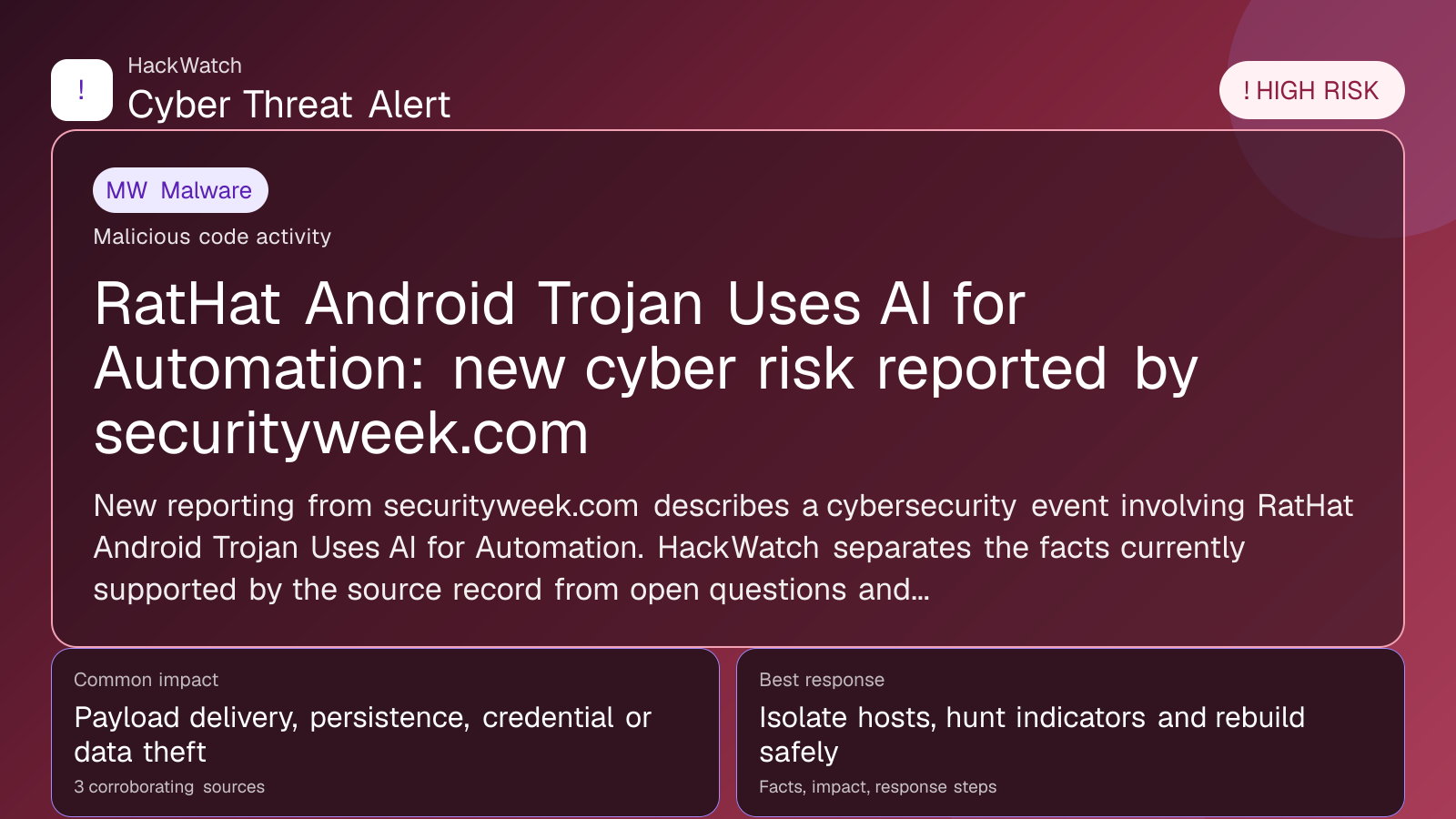 RatHat Android Trojan Uses AI for Automation: new cyber risk reported by securityweek.com - HackWatch malware alert image