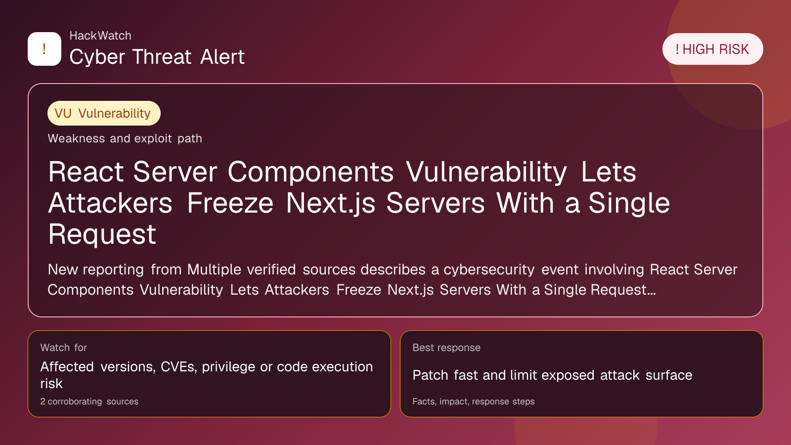 React Server Components Vulnerability Lets Attackers Freeze Next.js Servers With a Single Request - HackWatch vulnerability alert image