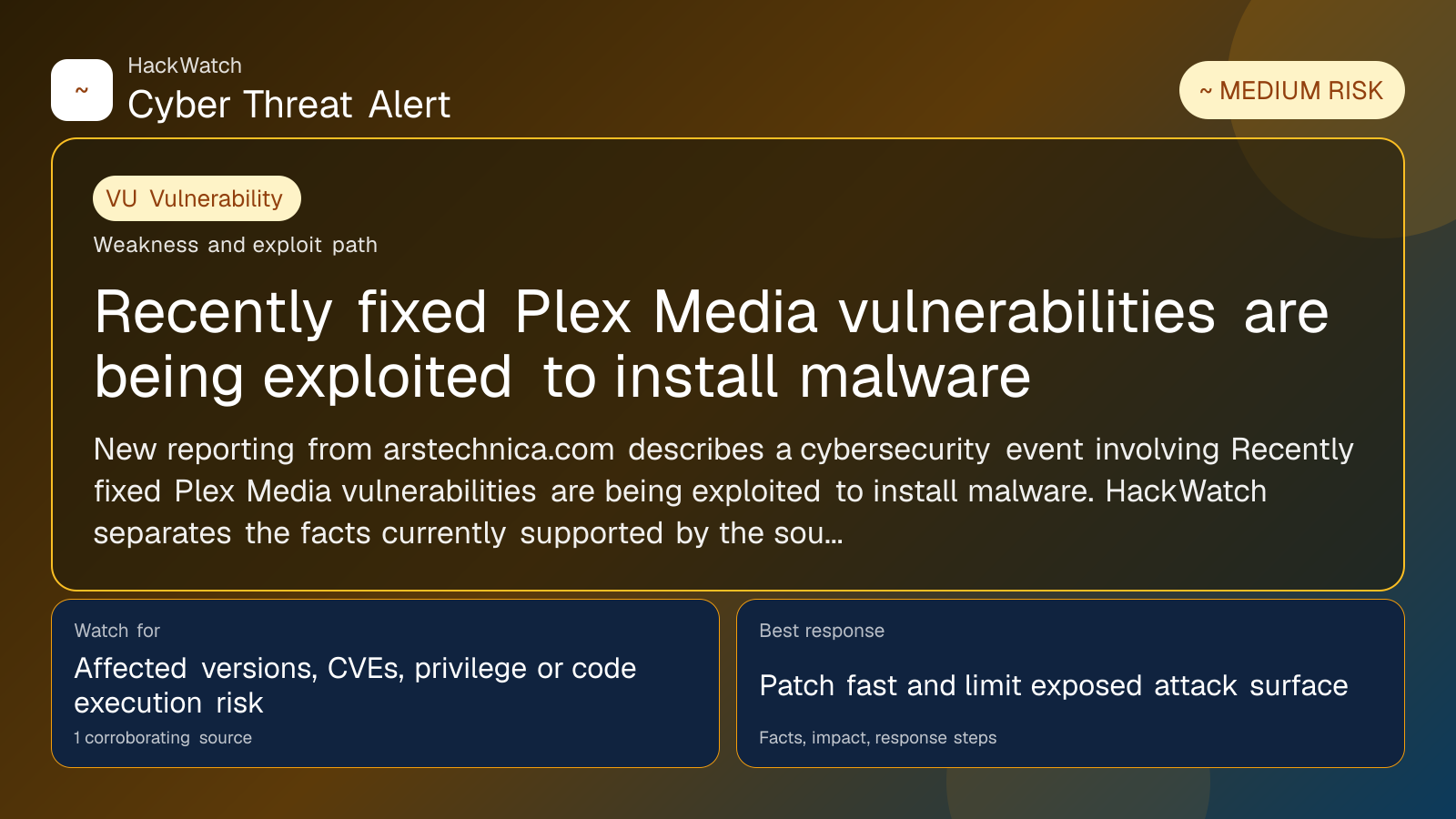 Recently fixed Plex Media vulnerabilities are being exploited to install malware - HackWatch vulnerability alert image