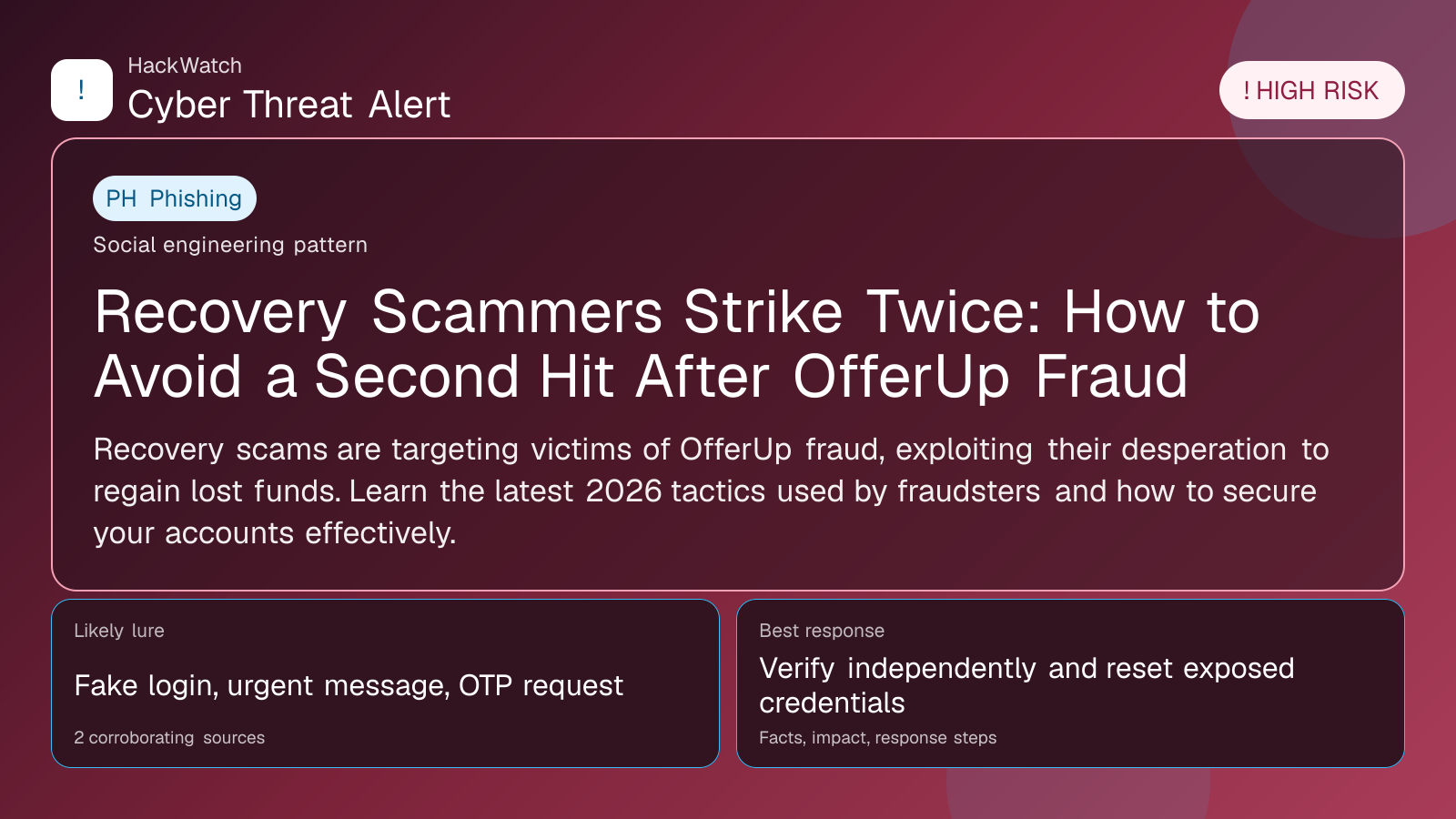 Recovery Scammers Strike Twice: How to Avoid a Second Hit After OfferUp Fraud - HackWatch phishing alert image