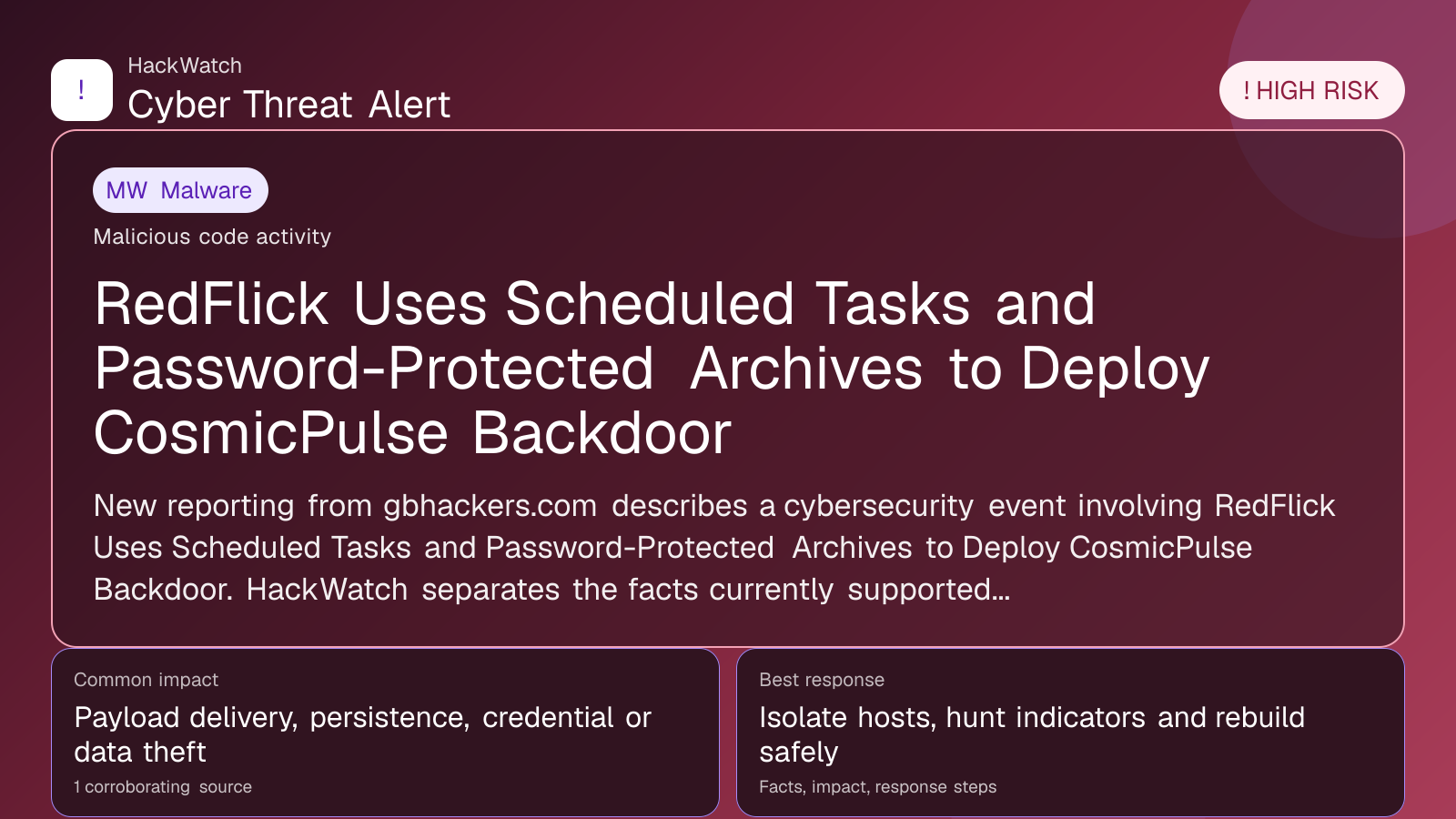 RedFlick Uses Scheduled Tasks and Password-Protected Archives to Deploy CosmicPulse Backdoor - HackWatch malware alert image