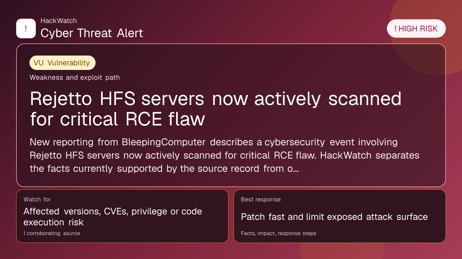Rejetto HFS servers now actively scanned for critical RCE flaw - HackWatch vulnerability alert image
