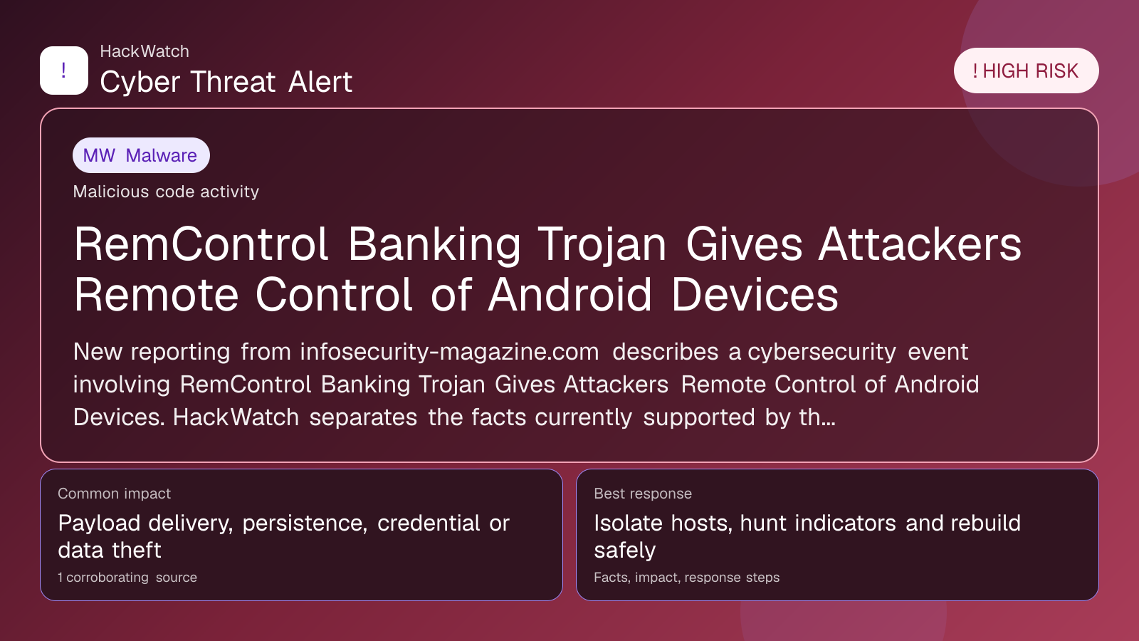 RemControl Banking Trojan Gives Attackers Remote Control of Android Devices - HackWatch malware alert image