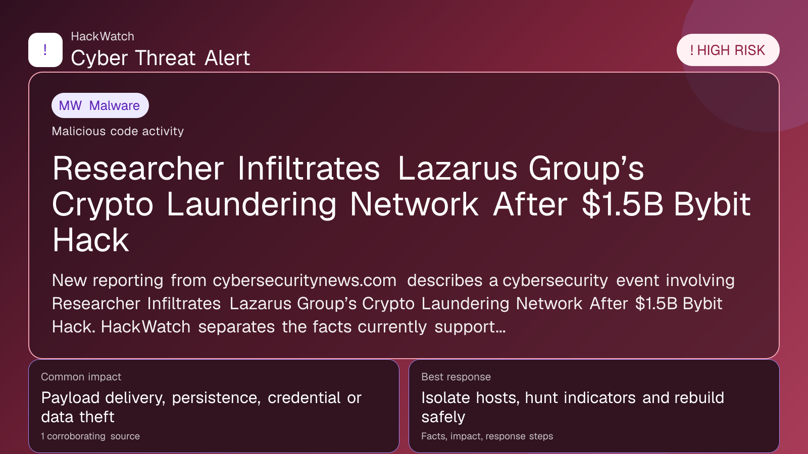 Researcher Infiltrates Lazarus Group’s Crypto Laundering Network After $1.5B Bybit Hack - HackWatch malware alert image