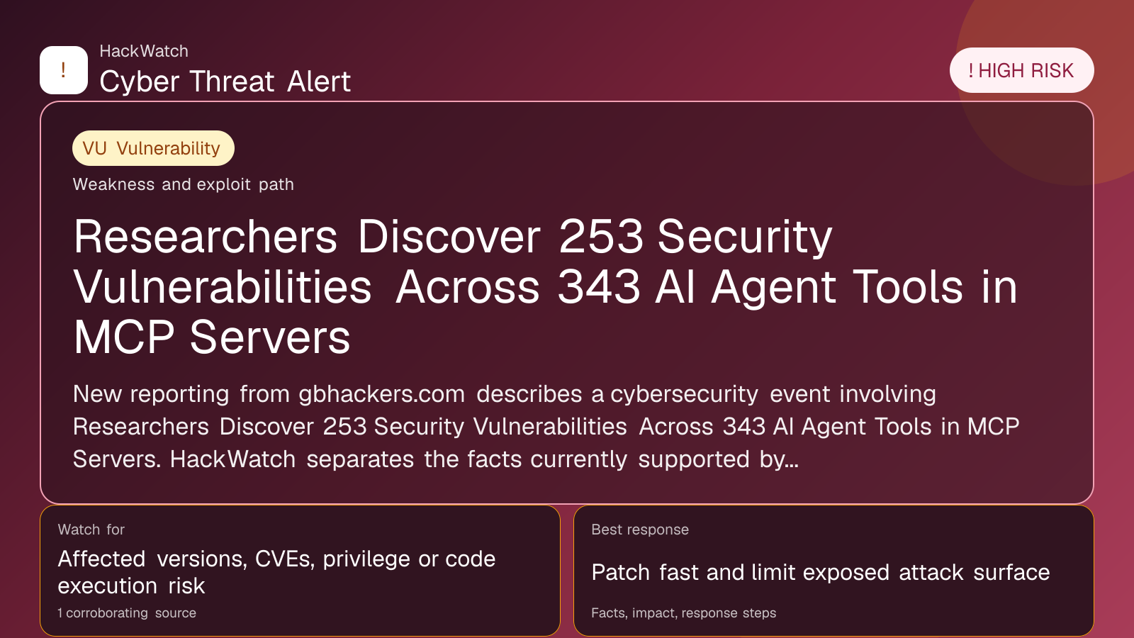 Researchers Discover 253 Security Vulnerabilities Across 343 AI Agent Tools in MCP Servers - HackWatch vulnerability alert image