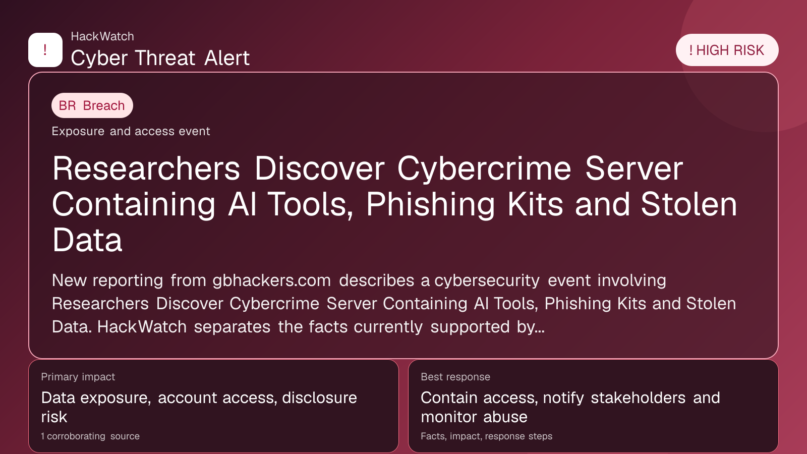 Researchers Discover Cybercrime Server Containing AI Tools, Phishing Kits and Stolen Data - HackWatch breach alert image