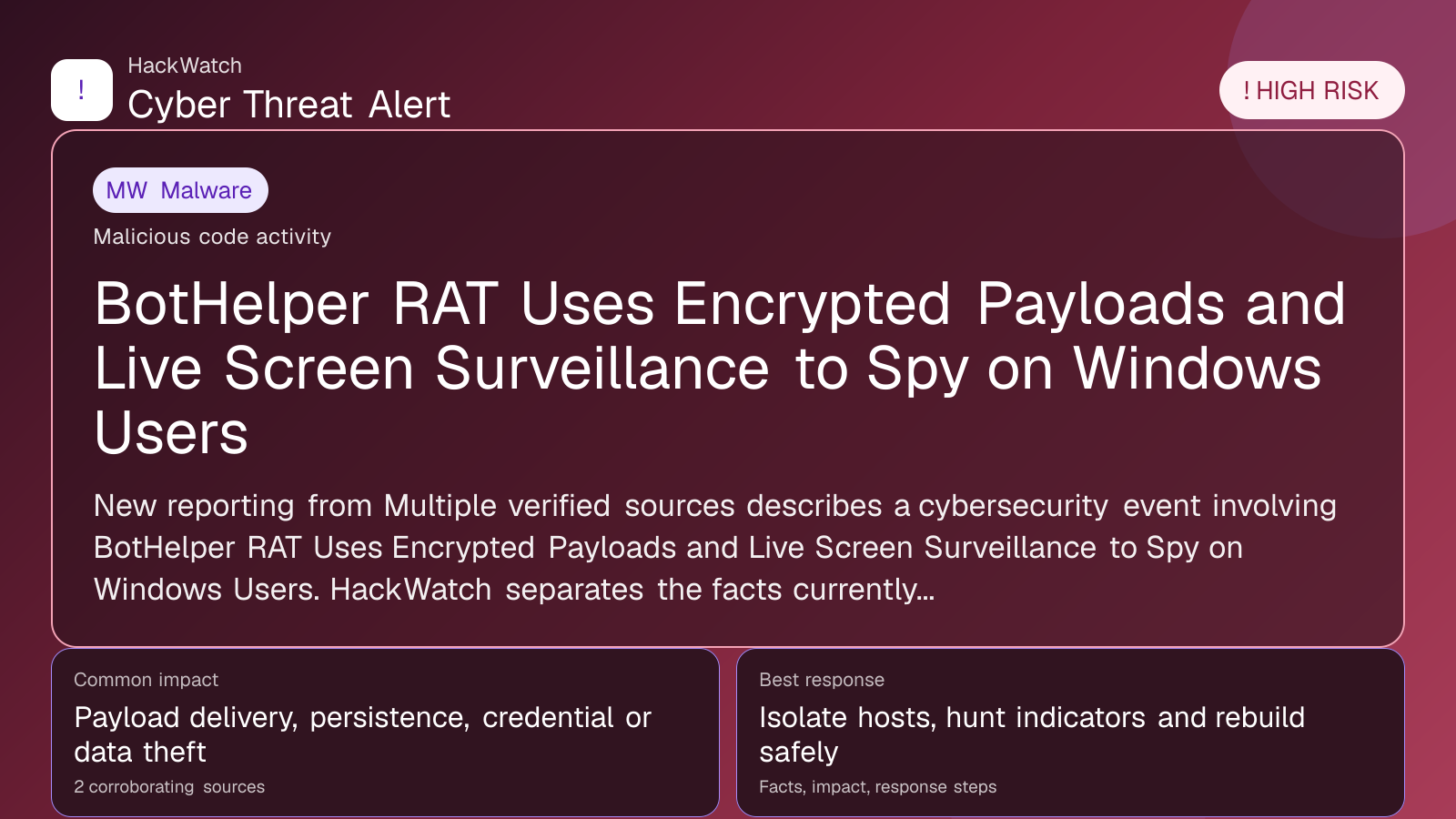 Researchers Found a Windows RAT That Turns Victims’ Screens Into Live Streams - HackWatch malware alert image