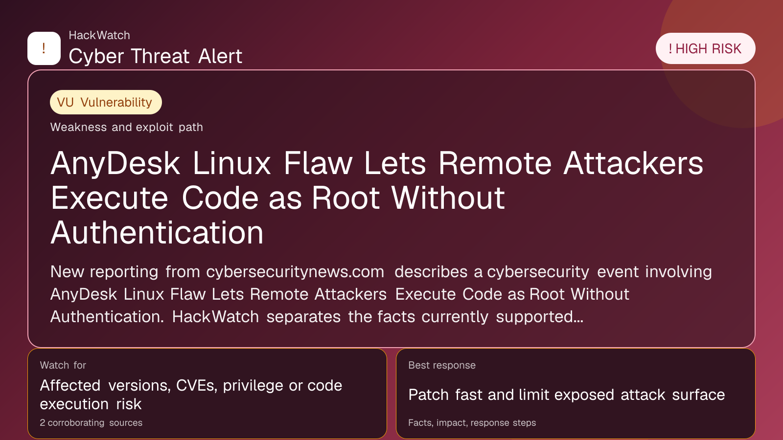 AnyDesk Linux Flaw Lets Remote Attackers Execute Code as Root Without Authentication - HackWatch vulnerability alert image