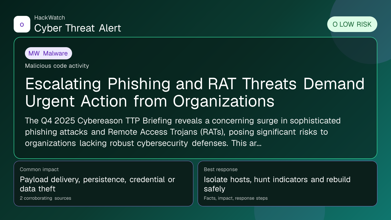 Escalating Phishing and RAT Threats Demand Urgent Action from Organizations - HackWatch malware alert image