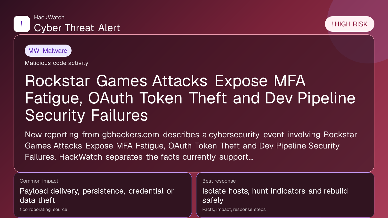 Rockstar Games Attacks Expose MFA Fatigue, OAuth Token Theft and Dev Pipeline Security Failures - HackWatch malware alert image