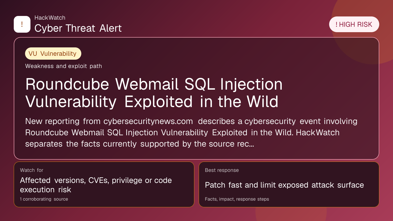 Roundcube Webmail SQL Injection Vulnerability Exploited in the Wild - HackWatch vulnerability alert image