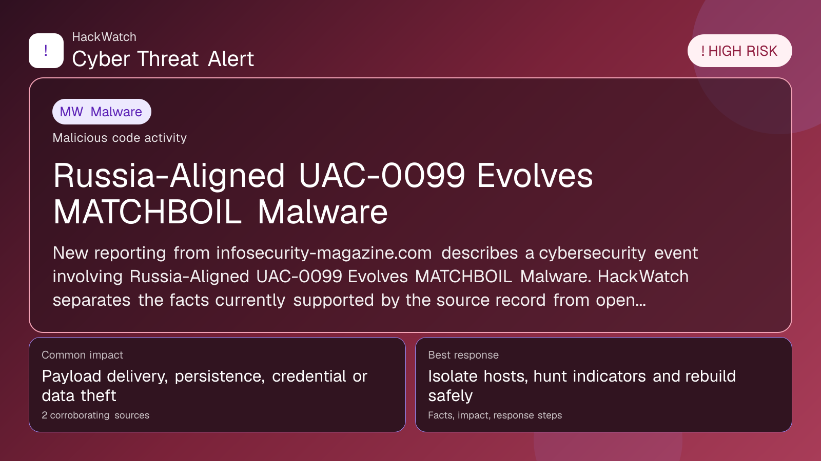Russia-Aligned UAC-0099 Evolves MATCHBOIL Malware - HackWatch malware alert image