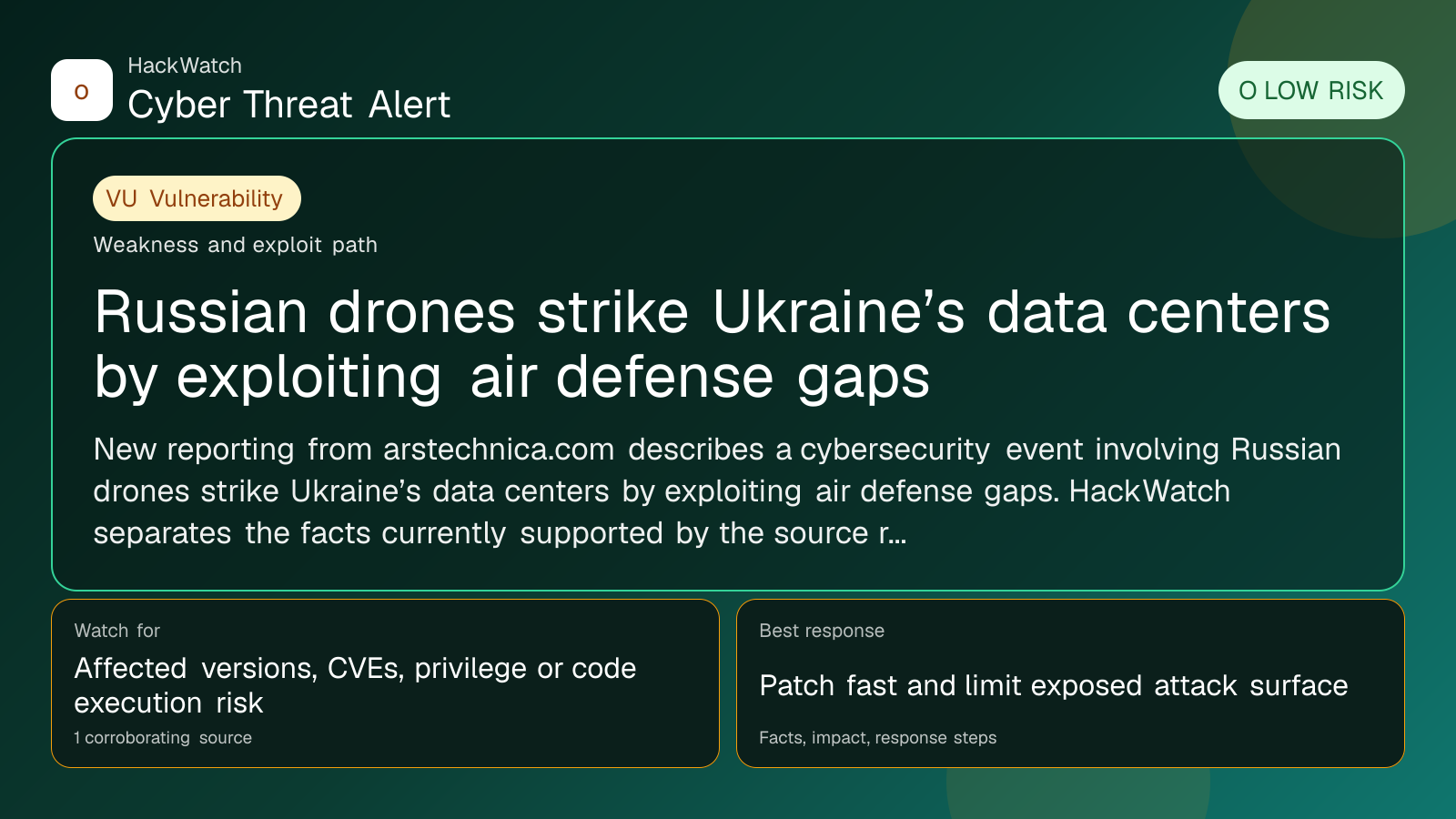 Russian drones strike Ukraine’s data centers by exploiting air defense gaps - HackWatch vulnerability alert image