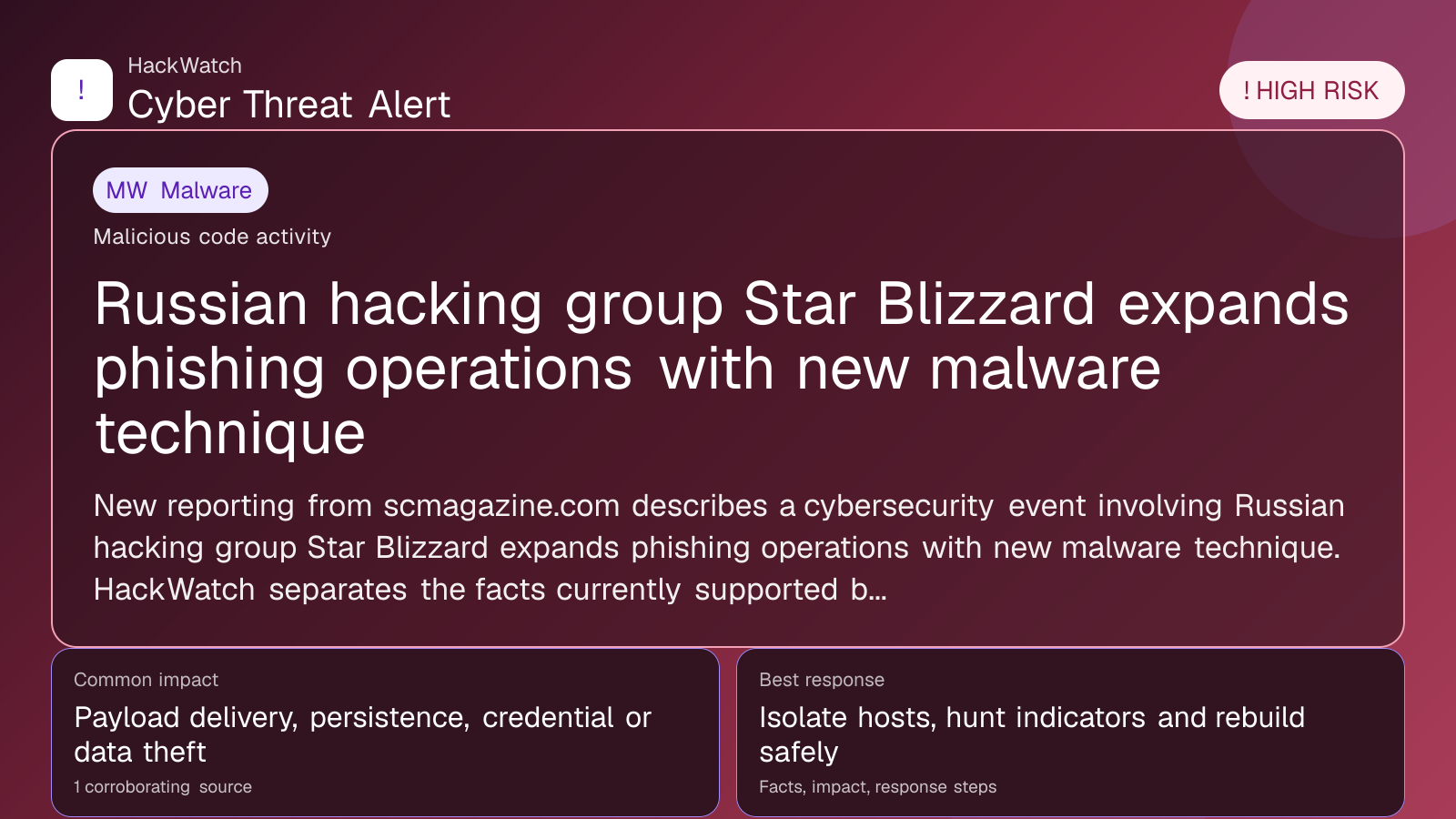 Russian hacking group Star Blizzard expands phishing operations with new malware technique - HackWatch malware alert image